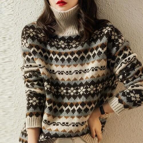 Fair Isle jacquard faux wool sweater autumn and winter fashion new long-sleeved high-neck loose pullover sweater women