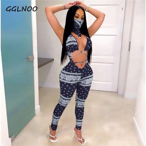 GGLNOO Cutubly Bandana Scarf Print Women Hollow Out With Mask Playsuit New Fashion Bandage Women Sexy Jumpsuit GG23174