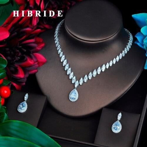 HIBRIDE Luxury Marquise Cut Cubic Zirconia Women Jewelry Sets Clear Water Drop Set Wedding Dress Accessories Party Gifts N-488