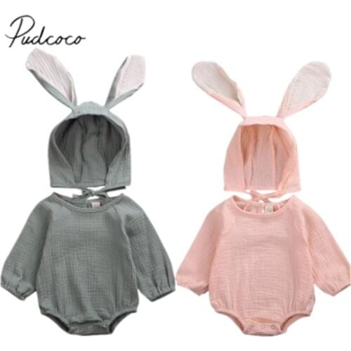 Spring Autumn Baby Girls Clothing Newborn Infant Baby Clothes Long Sleeve Jumpsuit Bodysuit+Cute Rabbit Ear Hat OutfitsOutfit