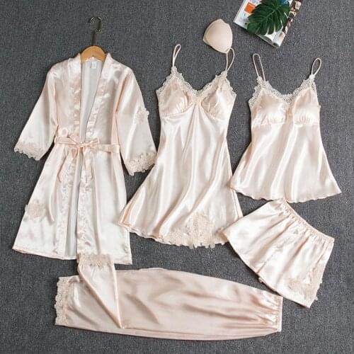 5PCS Pajamas Sleep Set Women Nightwear VNeck Satin Lace Sleepwear Sexy Nightie Bathrobe Wear Home Suit Negligee Spring Robe Gown