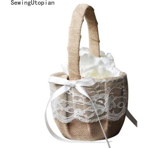 Retro Jute Burlap Lace Wedding Flower Basket Flower Girl Basket for Wedding Decoration Storage Basket Hanging Basket
