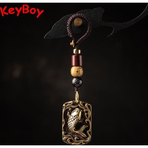 Car Keychain Pendant Pure Brass 3D Fish Square Tag Vintage Trendy Men Keyring Hanging Jewelry Handmade Braied Rope Bag Lanyard