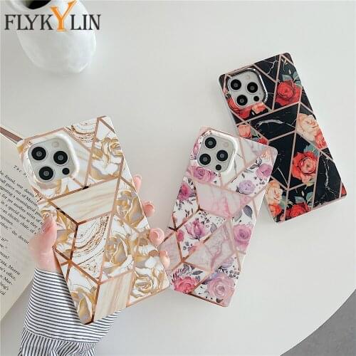Square Electroplated Geometric Flower Phone Case Cover For iPhone 11 Pro X XS 12 Pro Max XR 7 8 Plus SE 2020 Soft Silicone Cases