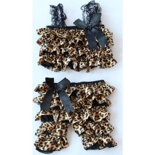 Hot Selling Toddler Fashion Summer Leopard Satin Costume Sling Ruffle Girls Baby Split Rompers Black Bow Children Clothing Suit