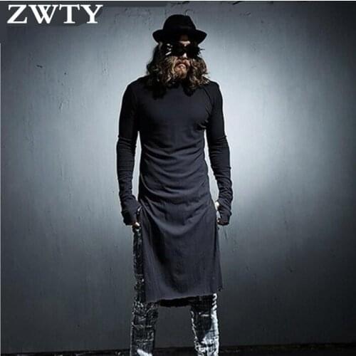 ZWTY Mens Solid Color Round Neck Double-Sided Open Long-Sleeved Tide Super Long T-shirt With Gloves Large Size Spring Autumn