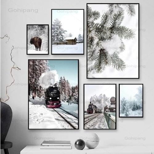Wall Art Canvas Painting Winter Snow Forest Pine Highland Cattle Nordic Posters And Prints Wall Pictures For Living Room Decor