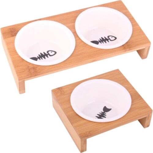 Elevated Pet Bowls, Raised Dog Cat Feeder Solid Bamboo Stand Ceramic Food Feedin