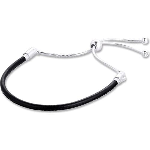 Sliding Black Leather Bracelet Argent 925 Sterling Silver Charms Bracelets for Women Fine Jewelry Gift Pulseras Bijoux Wholesale