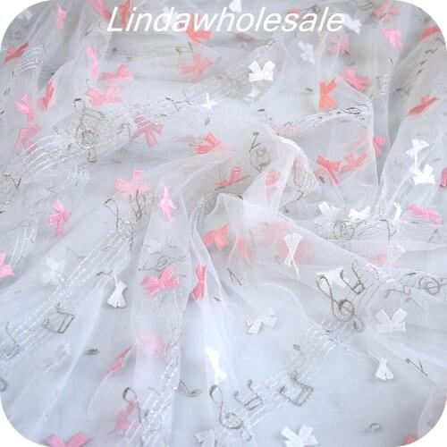 Romantic notes bow embroidery lace fabric handmade DIY clothing skirt fabric material,130cm*100cm/pcs