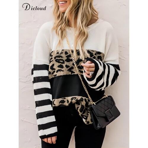 DICLOUD Leopard Sweater Woman Knitted Striped Long Sleeve New Autumn Light Sweaters Ladies Loose Fit Fashion 2021 O Neck Jumpers