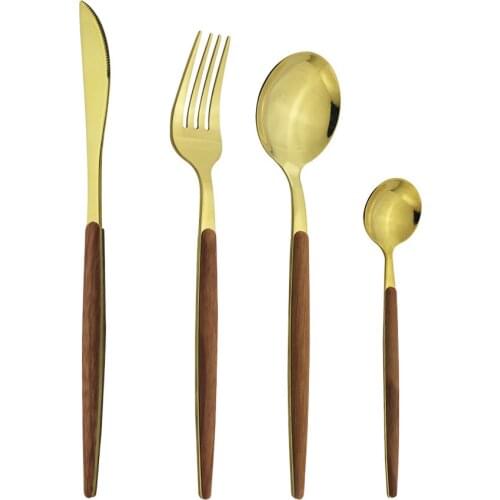 Mirror Dinnerware Gold Wooden Handle Sliverware Dinner Knives Fork Spoons Tea Spoons Stainless Steel Cutlery Set Tableware Set