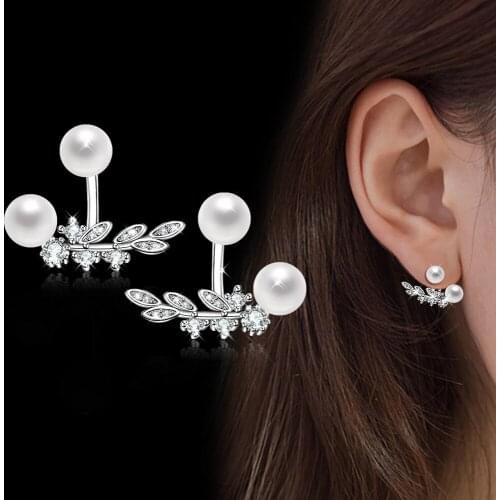 Pearl Zircon Leaves Stud Earrings For Women Earring Earings Silver color plated Jewelry Earing Brincos Brinco Oorbellen F433