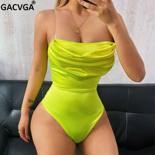 GACVGA 2021 Satin Folds Women Bodysuit Sexy Ladies Bodys Suit Chic Streetwear Summer Romper Push Up Cup Short Jumpsuit Traf