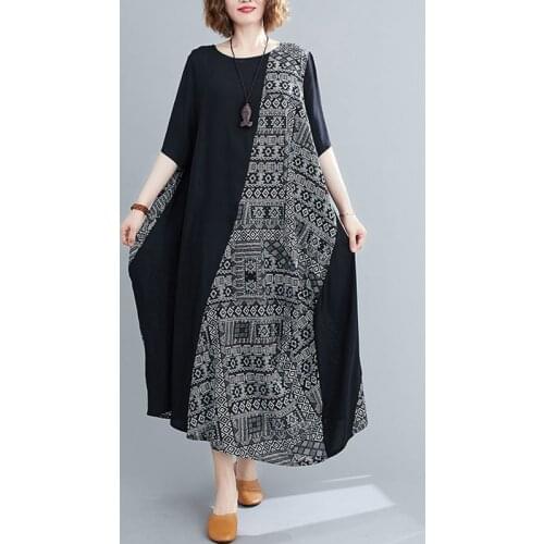 Women Vintage Print Long Dress New Arrival 2021 Summer Arts Style Patchwork Color Loose Female Cotton Linen Casual Dresses S2997