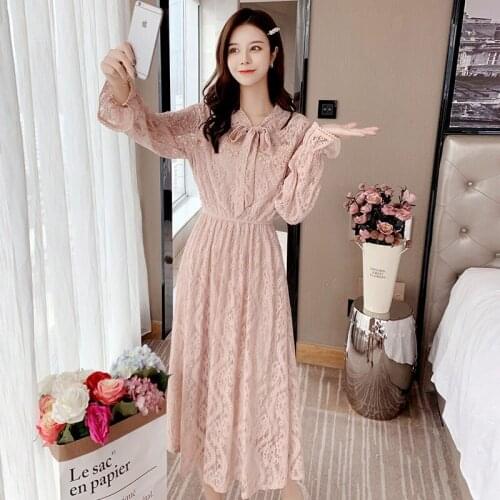 New Spring Women Pink Lace Dress Long Sleeve Vintage Korean Streetwear Fashion Elegant Ladies Party Casual Sexy Female Vesdioes