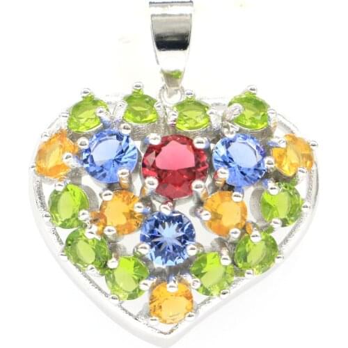 32x27mm Multi Color Heart Shape Created Rhodolite Garnet Green Peridot Citrine Violet Tanzanite 925 Sterling Silver Pendant