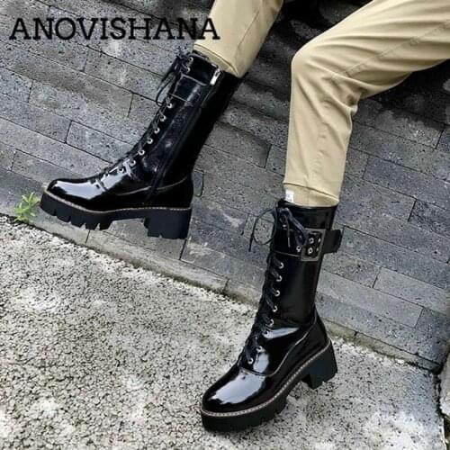 ANOVISHANA womens motorcycle ankle boots for ladies round toe platform shoes lace up zipper waterproof combat booties bottines