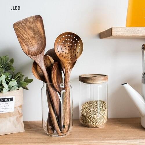 Natural Wood Tableware Thailand Teak Spoon Ladle Turner Long Rice Colander Soup Skimmer Cooking Spoons Scoop Kitchen Tool Set