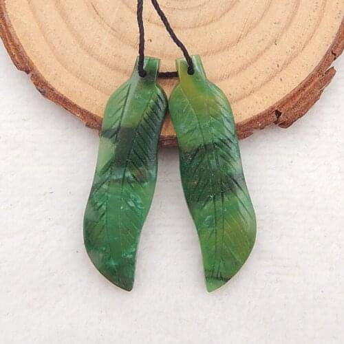 Hot Sale Natural African Jade Gemstones Carved Feather Earring Beads 41x11x3mm,5.5g
