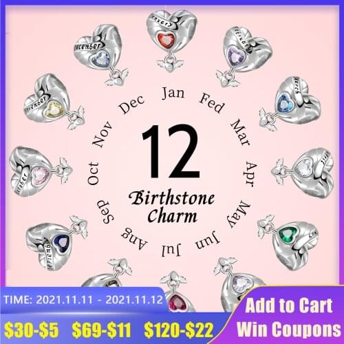 Hot Sale S925 Logo Crystal CZ Birthstone Wings Wish Lock Love Heart Charms & Pendant for Pandora Bracelet Silver Jewelry Gift