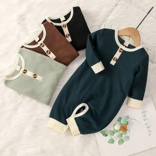 Infant Baby Girls Boys Jumpsuit Splicing Solid Long Sleeves Knitted Rompers with Buttons for Toddlers Outfits Casual Outwrear