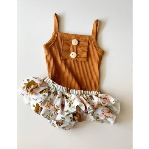 0-24M Infant Baby Girl Clothes Sets Sleeveless Sling Tops Romper+Floral Print Tutu Skirt Outfit Sunsuit