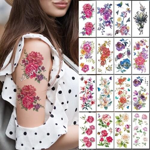 Red purple rose peony Water Transfer Tattoo Stickers Women Body Chest Art Temporary Tattoo Girl Waist Flash Tatoos Flow
