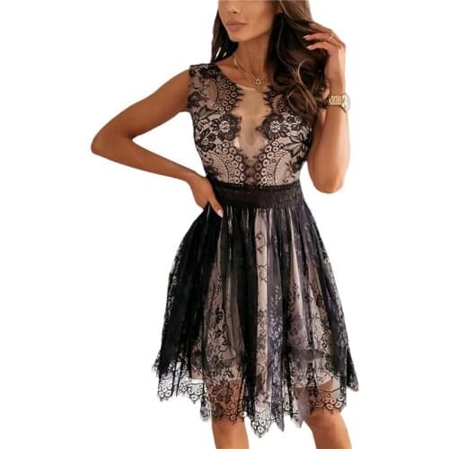 Hirigin Summer Women O-Neck Sleeveless Clubwear Lace Patchwork See-Through Bodycon Dress 2021 Casual Sexy Party Vestido