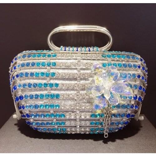 Best Gift Blue/White Floral Party Purse High Quality Womens Long Chain Handbags Fashion Female Wedding Prom Crystal Clutch Bags