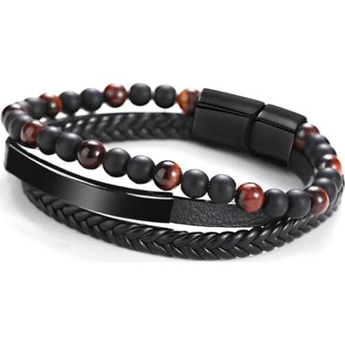 MenThree Layer Bracelet Tiger Eye Stone Beaded Bracelet Vintage Leather Rope Braided Charm Bracelet