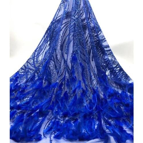 Newest glued glitter african Tulle lace fabric ZH-1166811 french net lace fabric with feather for party dress