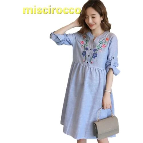 Maternity Clothes Cotton Dress Pregnant Women Dress Spring and Autumn Embroidery Long-sleeved Stripe V-neck Spring Clothing