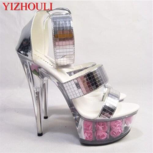 6 inches transparent flower waterproof platform, 15 cm thin heel, sexy silver sequined heels, wedding party steel tube sandals