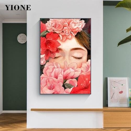 Nordic Pink Rose Girl Poster Canvas Print Wall Art Woman with Flowers Picture Decoration Painting for Living Room Bedroom Aisle