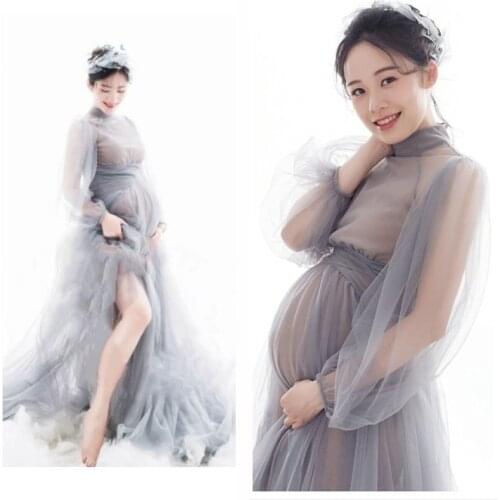 Sexy Long Maternity Photography Props Dresses Tulle Perspective Pregnancy Dress Mesh Maxi Gown For Pregnant Women Photo Shooting