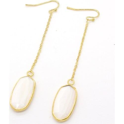 Light Yellow Gold Color Link Chain White Shell Oval Shape Section Drop Earrings Rose Pink Quartz Jewelry