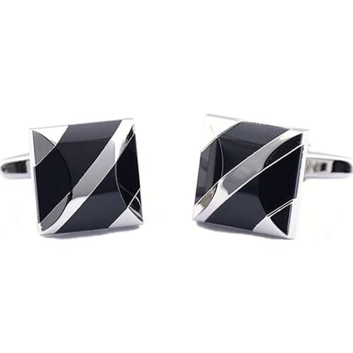 Mens Shirt Cufflinks Black Onyx Cuff Links Enamel Elements Silver-color Striped Top Quality