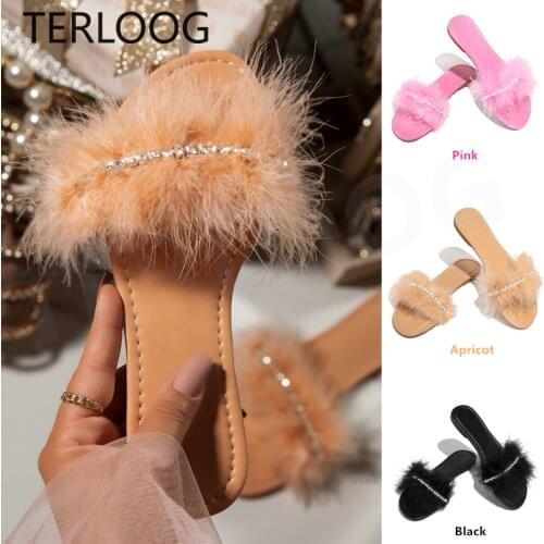 Women Slippers New INS 2021 Fur Sexy Flats Sandals Womens Shoes Holiday Cheer Dress Flip Flops Crystal Bling Casual Shoes Mujer