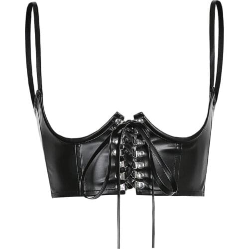 Women Gothic Punk Faux Leather Corset Crop Top Crisscross Lace-Up Underbust Waist Belt Cincher Sleeveless Vest Bustiers