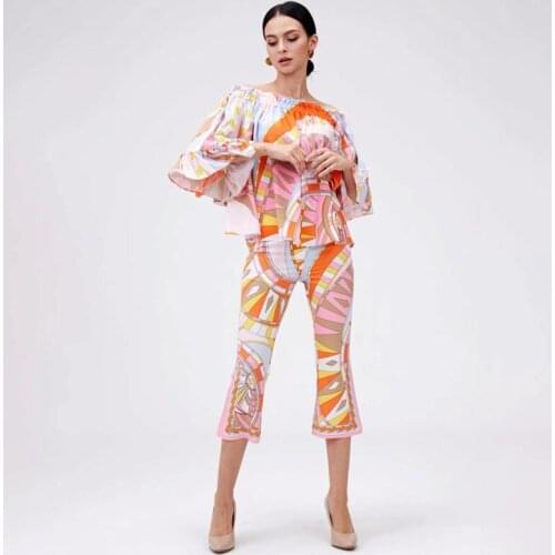 2021 Spring Summer Fashion 2 Piece Set Women Geometric Print Loose Tops & Tees+Skinny Pants & Capris Set Casual Clothing Suits