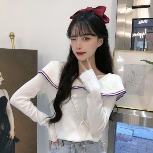 Woman Sweaters Pullover Sneaky Design Off-the-Shoulder Contrast Color Knitwear Autumn Collarbone White Top Femme Chandails