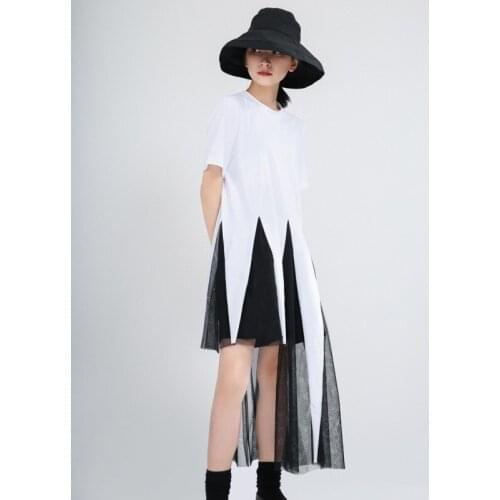 Casual Women black Mesh Irregular Stitch Temperament Dress New Round Neck short Sleeve Loose Fit Fashion Tide Spring Summer 2020