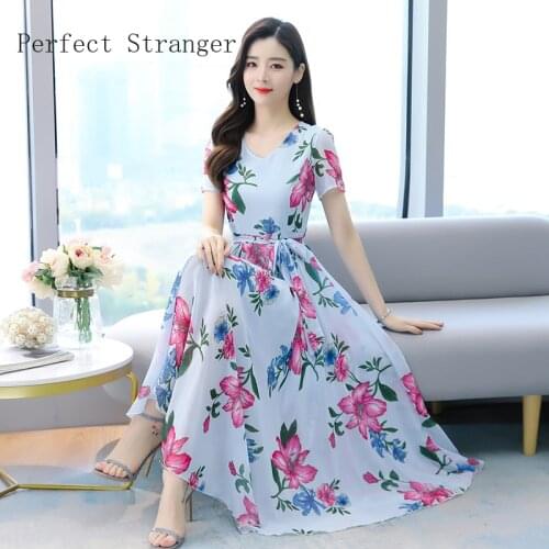 2021 Spring Summer New Arrival Bohemian Style V Collar Flower Printed Short Sleeve Hot Sale Women Long Chiffon Dress
