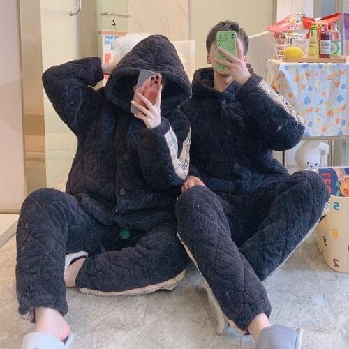 Winter New Couple Cartoon Flannel Pajamas Hooded Thick Nightwear Women And Men Thermal Sleepwear Coral Velvet Home Clothes