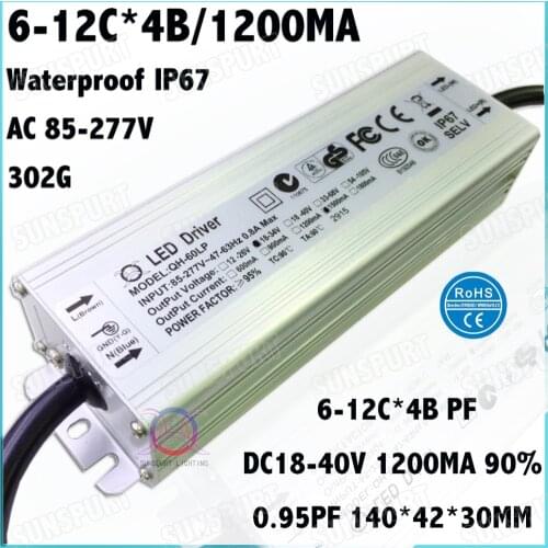 2Pcs Waterproof IP67 High PF 60W AC85-277V LED Driver 6-12Cx4B 1200MA DC18-40V Constant Current For LED Spotlights Free Shipping