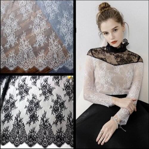 3 M/ Lot High quality off white black jacquard eyelash lace fabric diy craft wedding dress clothing lace material