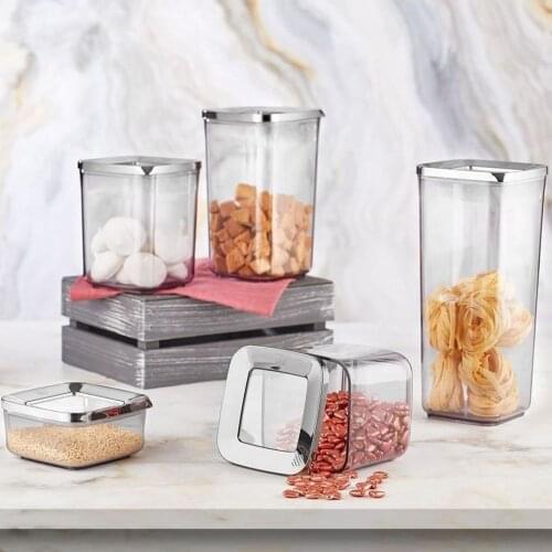 5-10-15-20-25-30 Pieces Luxury Kitchen Food Storage Box Vacuum Lid Airtight Organizer High Quality Transparent Silver Square Storage Container Set Glass Look 250ml 700ml 900ml 1200ml 1700ml Keep Fresh Cookies Spice