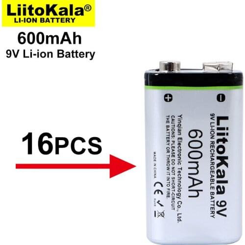 16PCS LiitoKala 600mAh 9V 6F22 Rechargeable Li-ion Battery For Microphone Multimeter RC Toys Temperature Gun