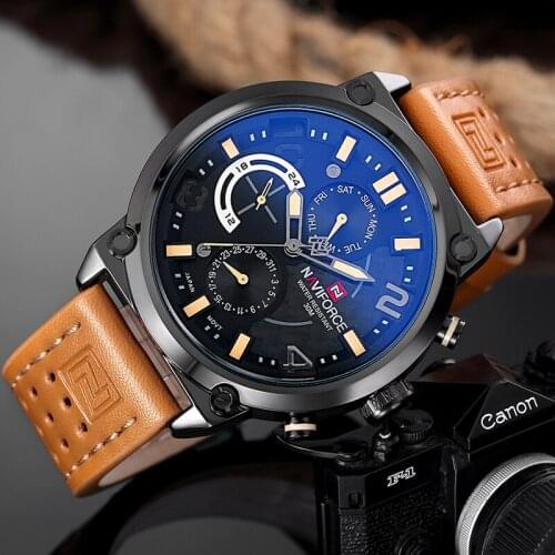 NAVIFORCE Mens Casual Watches Leather Strap Waterproof Business with 24 Hours Day and Date Display Watch Men Relogio Masculino
